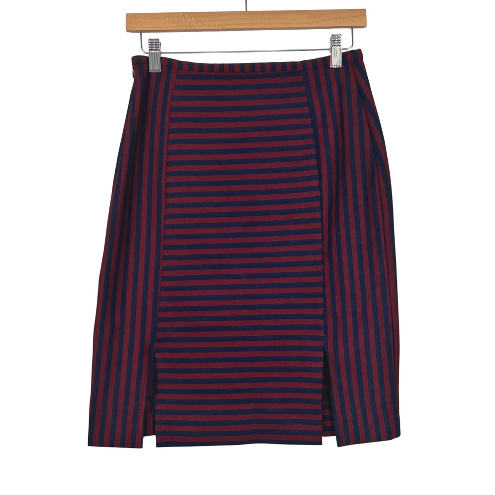 Merona Pencil Skirt Womens‎ 4 Burgundy Navy Blue Striped Front Slits Side Zipper